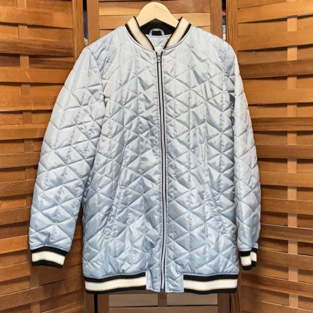 Arizona Jean Company Gray Jacket Quilted Design Women L Polyester Gold Black